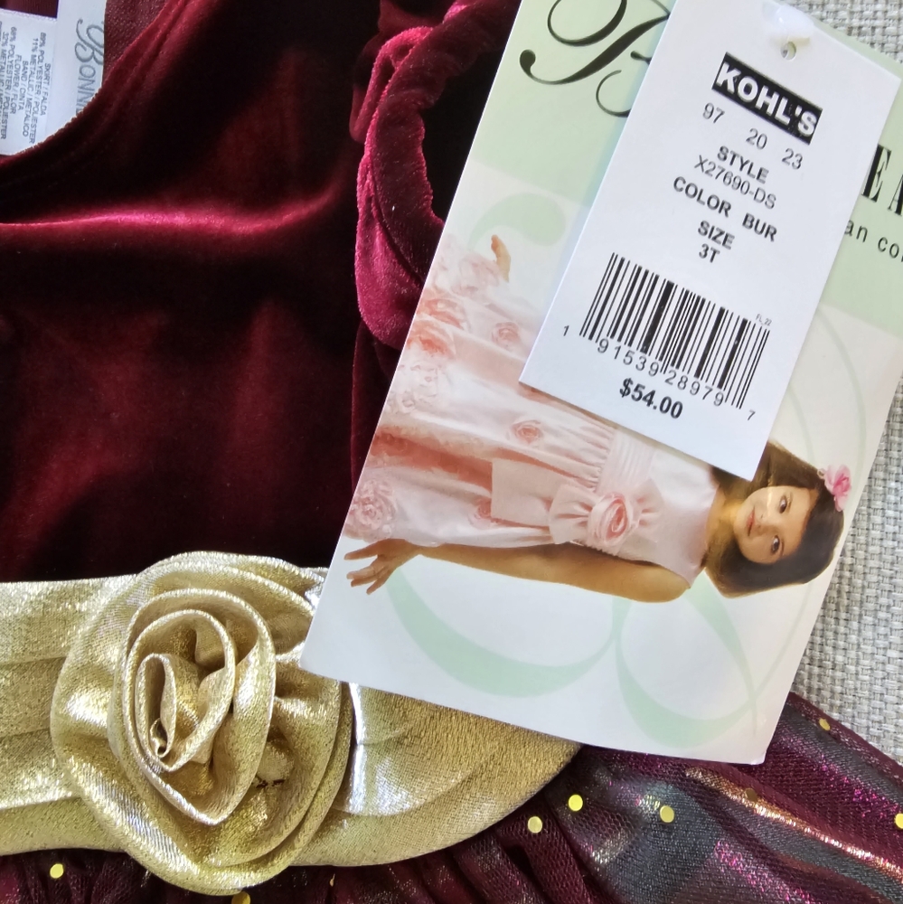 NWT-Bonnie Jean-Girl's-Dress-Size 3T-Burgundy & Gold - Picture 3 of 5